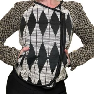 RACHEL ROY Women Blazer Size 4 Beige And Black Side Zipper Geometric Pattern
